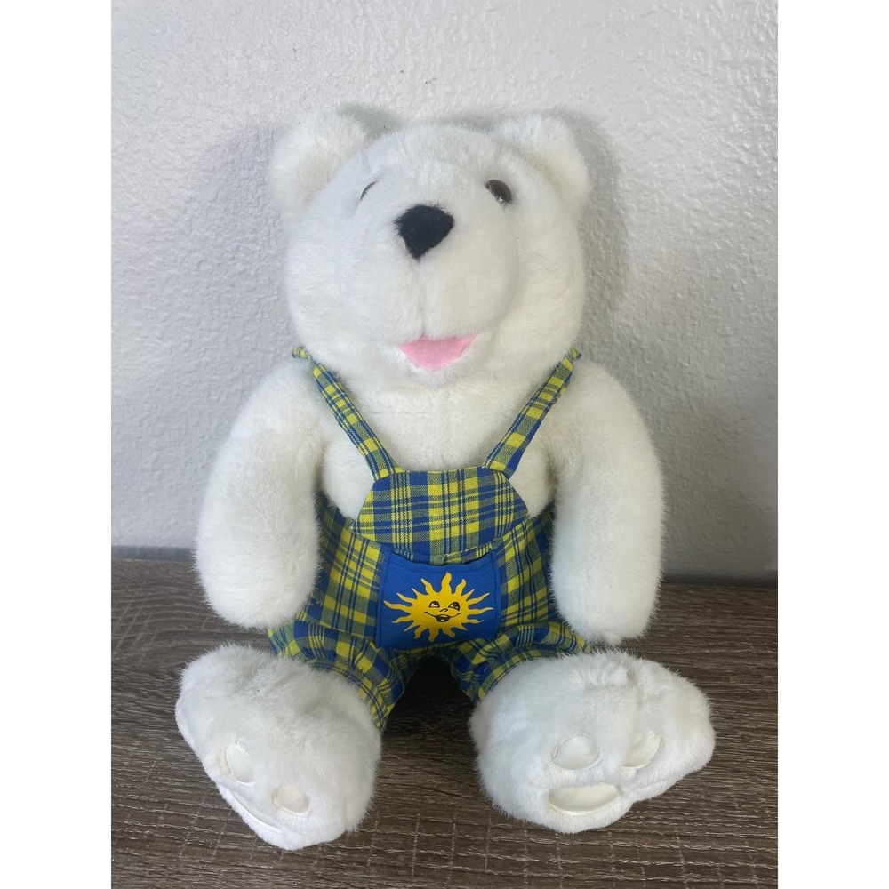 1994 The‎ Petting Zoo Teddy Bear Plush White Sun Overalls Plaid Vintage Toy